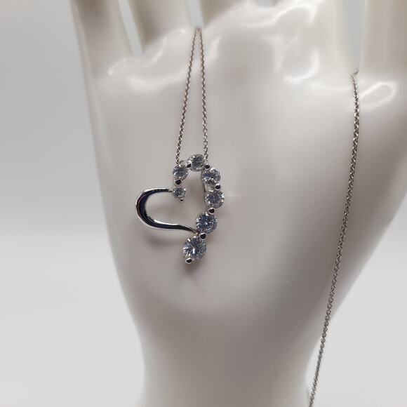 Vintage Italian Sterling Silver Heart Necklace, CZ Rhinestones, 17" - Picture 12 of 12